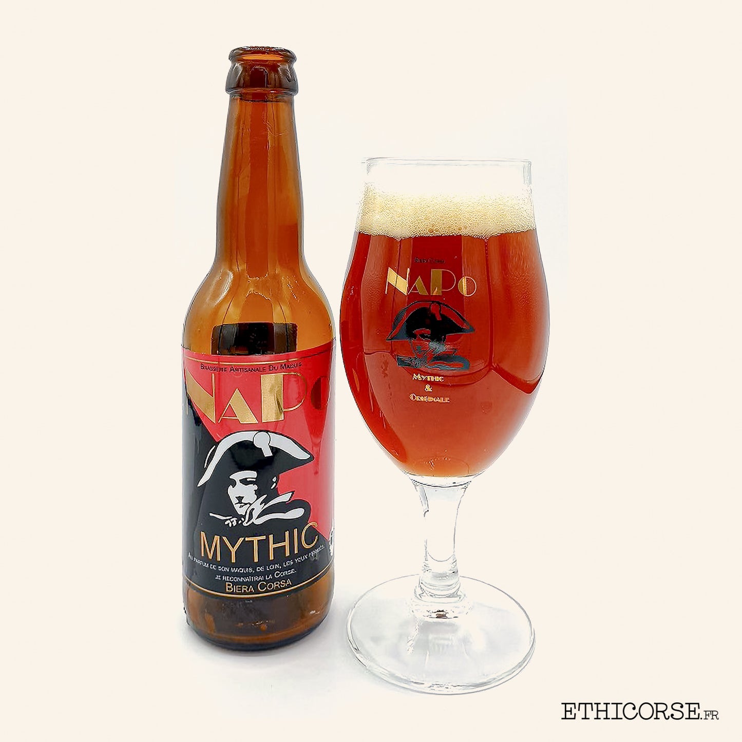 Bière ambrée Mythic et verre