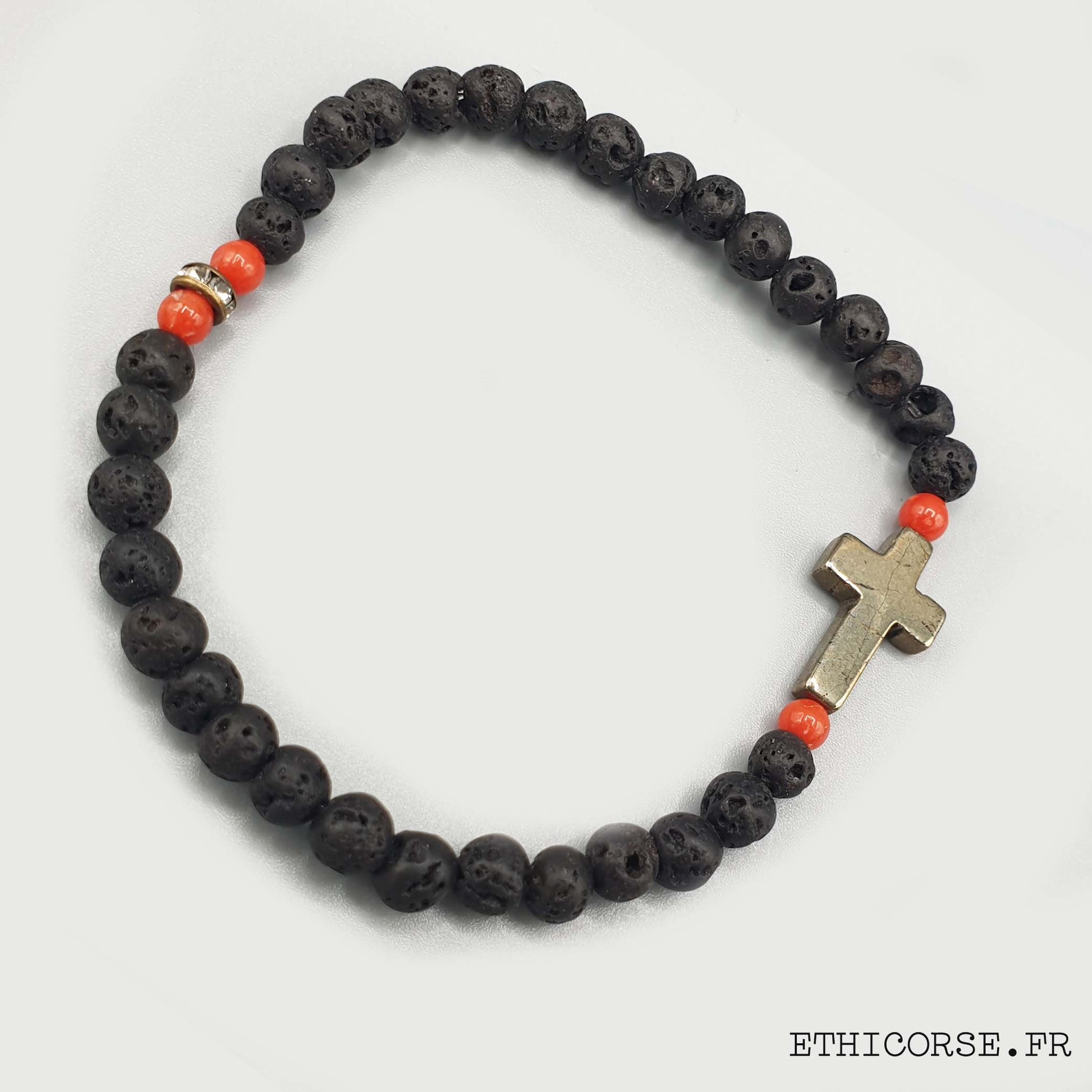MD créations - Ethicorse.fr - Bracelet Pierres de lave - Corail - croix