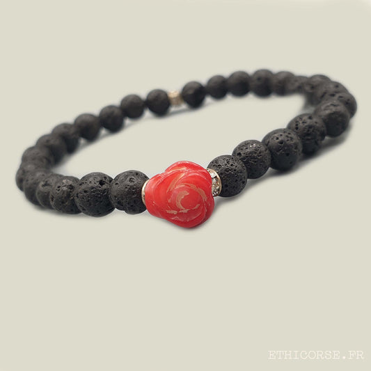 MD créations - Ethicorse.fr - Bracelet pierres de lave - rose rouge