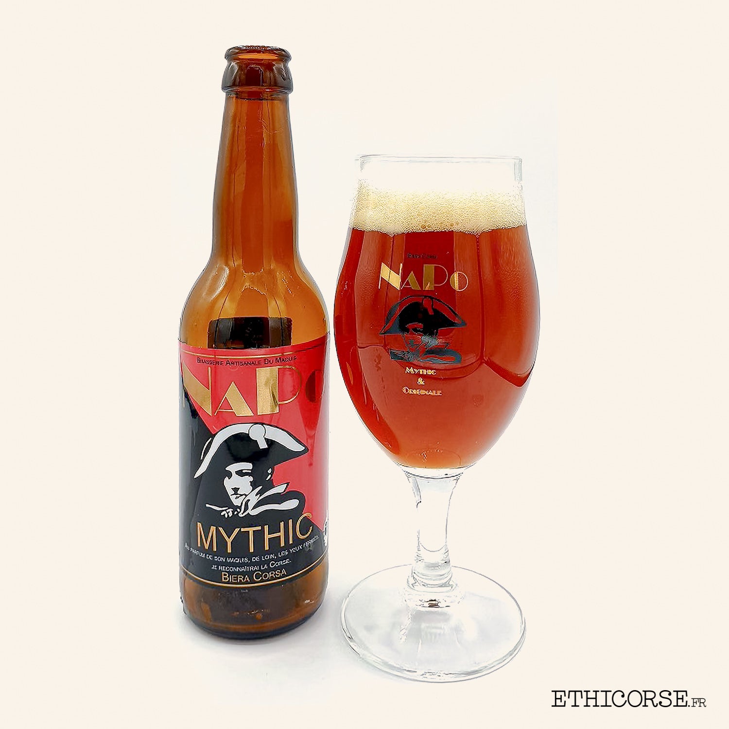 Bière ambrée Mythic et verre