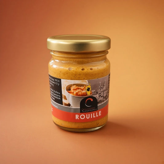 Pot en verre de sauce rouille artisanale Ethicorse, préparation corse onctueuse au safran, ail et poivrons rouges.