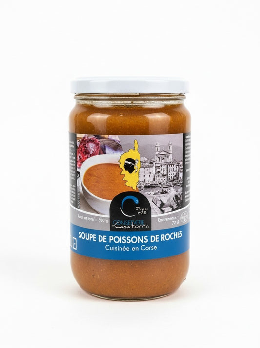 Pot de 680g de soupe de poissons de roches Ethicorse, spécialité artisanale corse à la texture onctueuse et iodée.