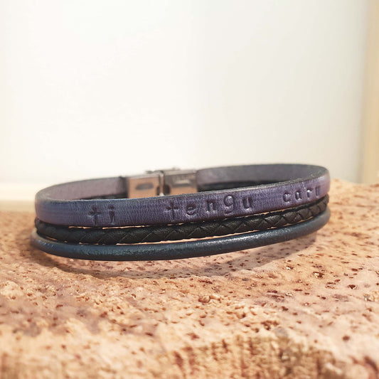 latitude 4202 - ethicorse - bracelet trois cuirs bleu gris